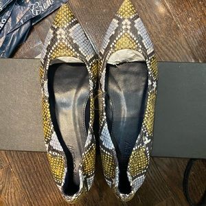 J Crew-Gold-Blue-Leather-Snakeprint-Pointed flats